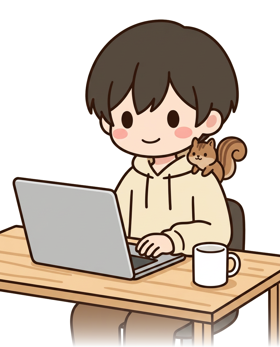 自宅の机でノートパソコンに向かって仕事をする、のりのイラスト